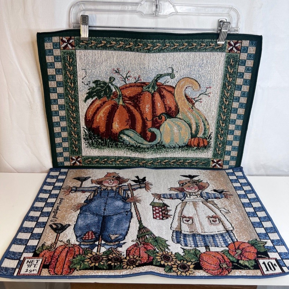 Placemats-Set of 2-Fall Themed Scarecrows Pumpkins Farmhouse French Country